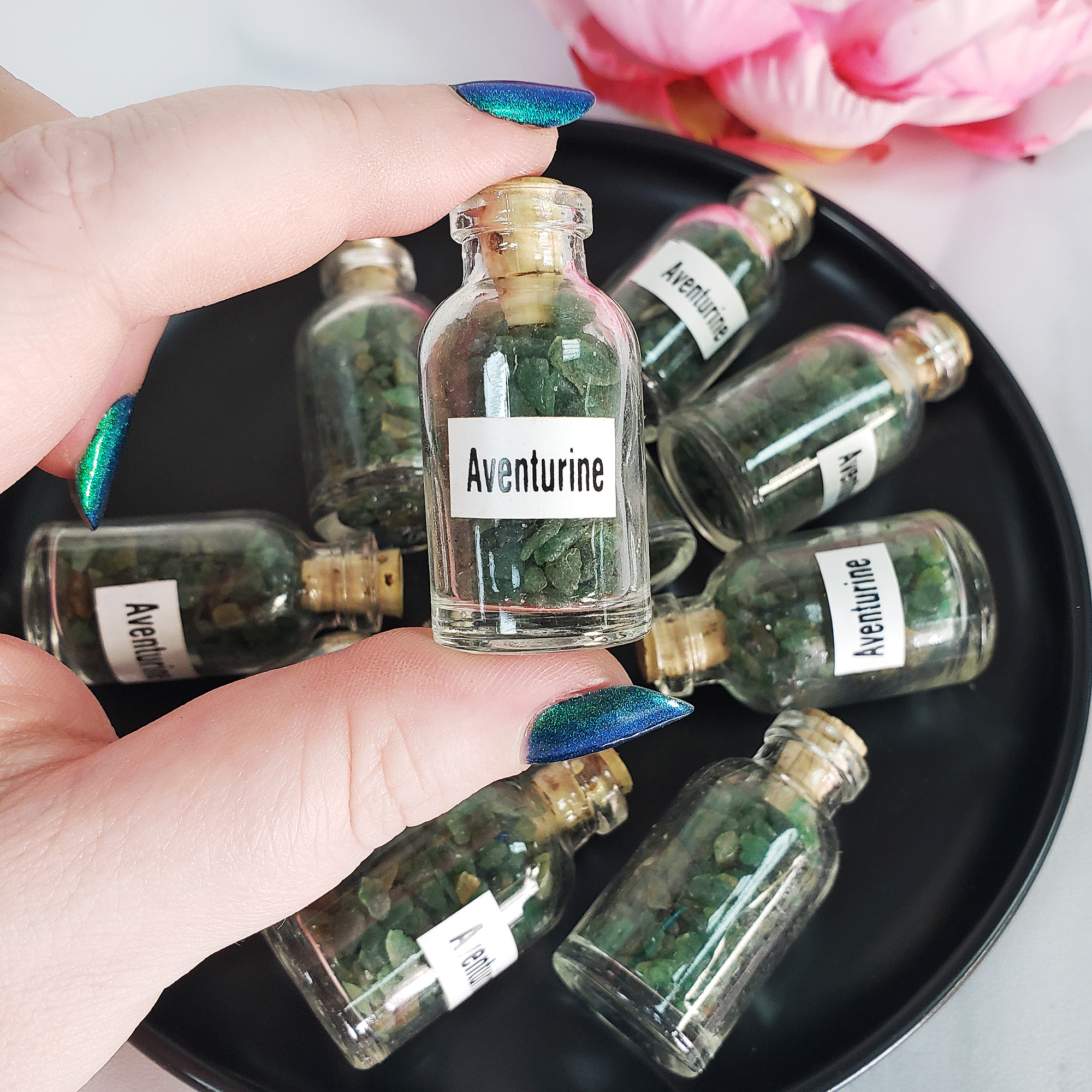 Green Aventurine Crystal Natural Gemstone Chips in Glass Bottle - 1