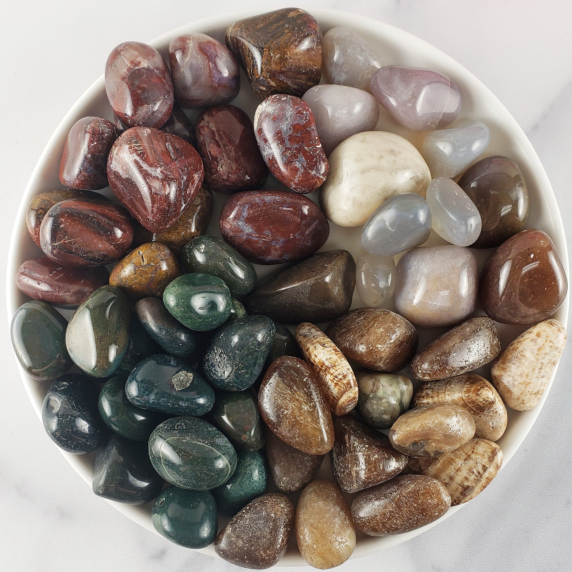 Tumbled Stones Crystal Set for Grounding &amp; Centering | Petrified Wood, Chalcedony, Brown Aragonite, Moss Agate - Reduce Anxiety