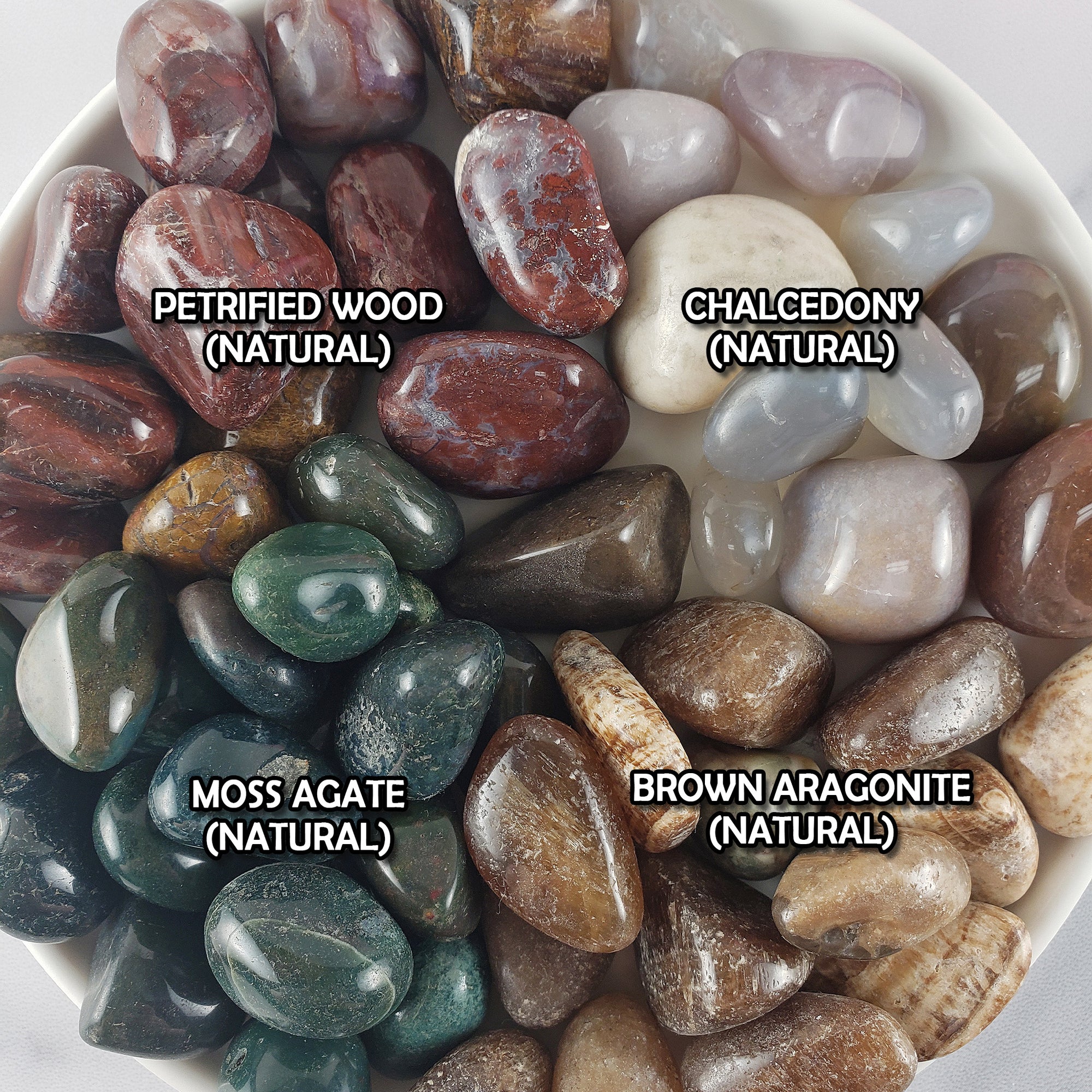 Tumbled Stones Crystal Set for Grounding & Centering | Petrified Wood, Chalcedony, Brown Aragonite, Moss Agate - Stress Relief
