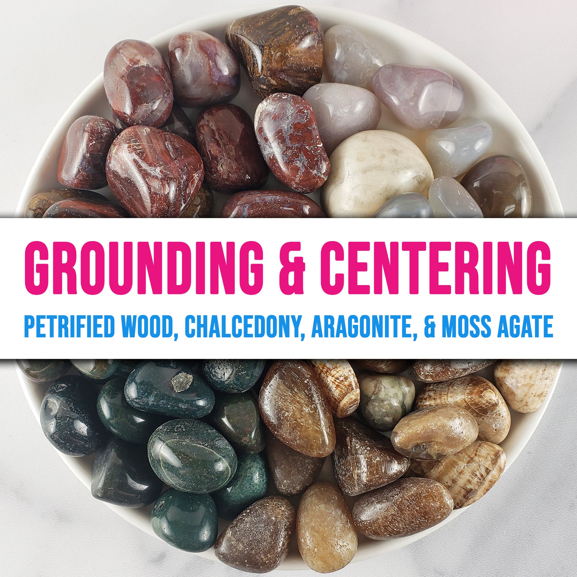 Tumbled Stones Crystal Set for Grounding & Centering | Petrified Wood, Chalcedony, Brown Aragonite, Moss Agate