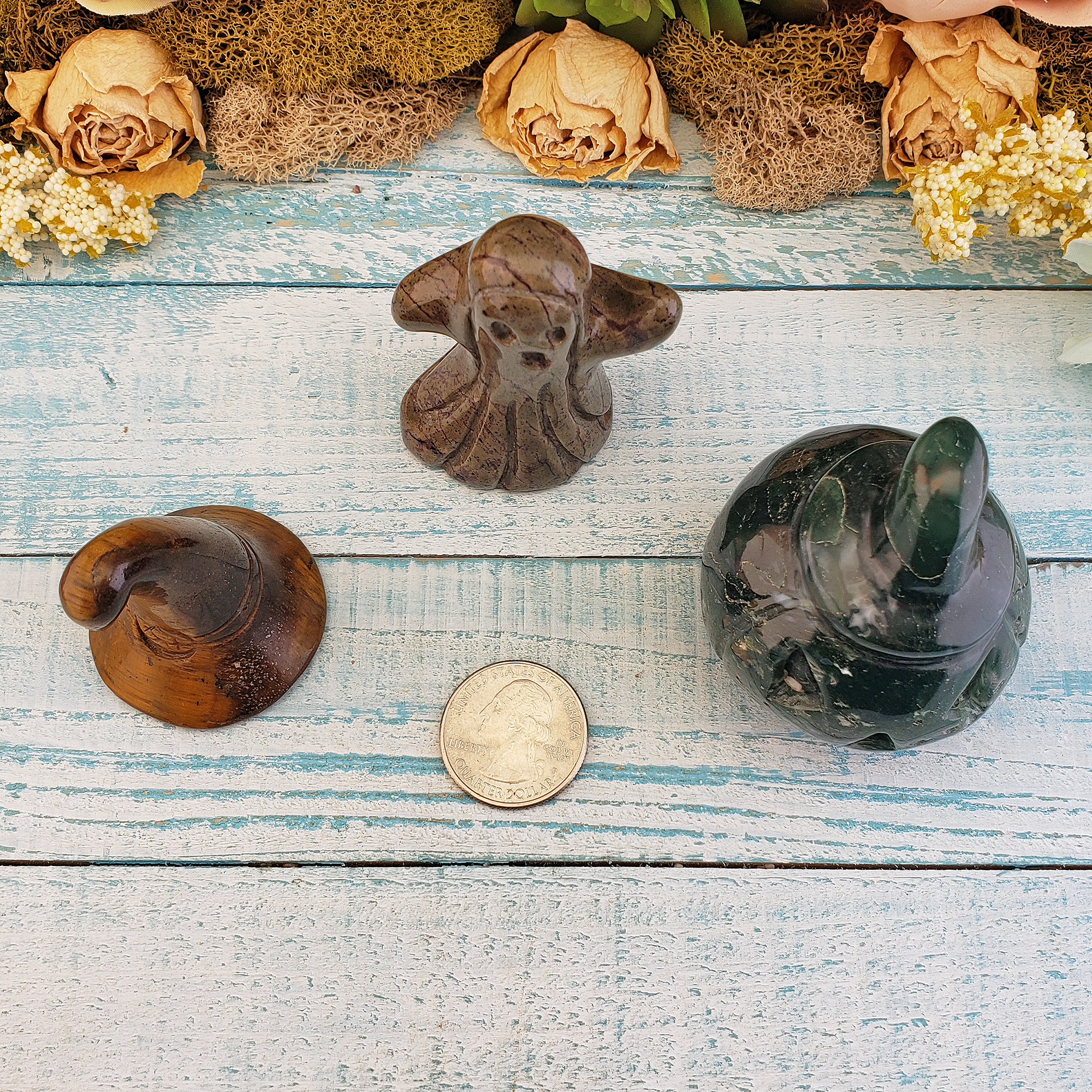 Happy Halloween Crystal Gift Box - Ghost, Pumpkin, &amp; Witch Hat - Moss Agate, Tigers Eye, Jasper - Size Comparison