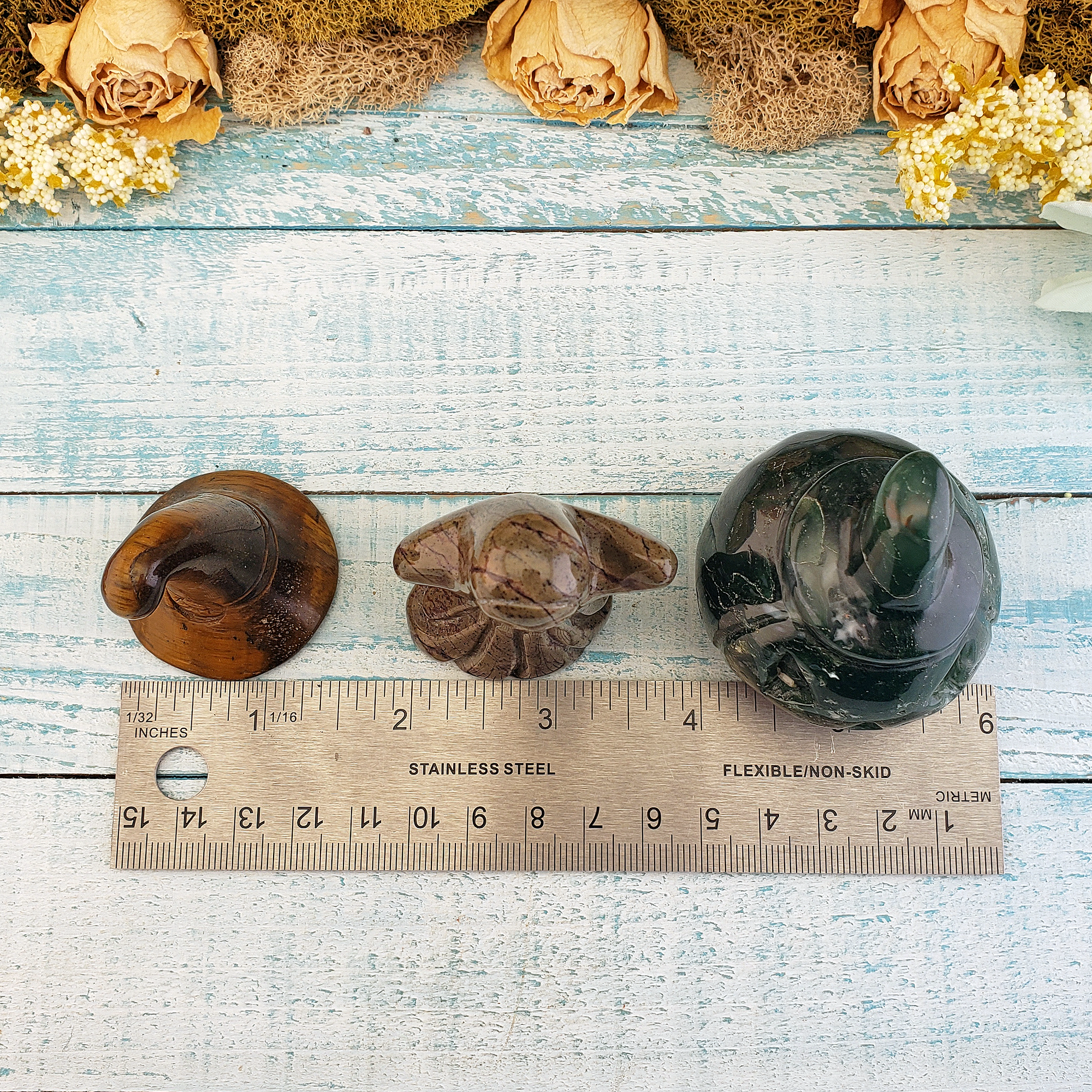 Happy Halloween Crystal Gift Box - Ghost, Pumpkin, &amp; Witch Hat - Moss Agate - Measurements
