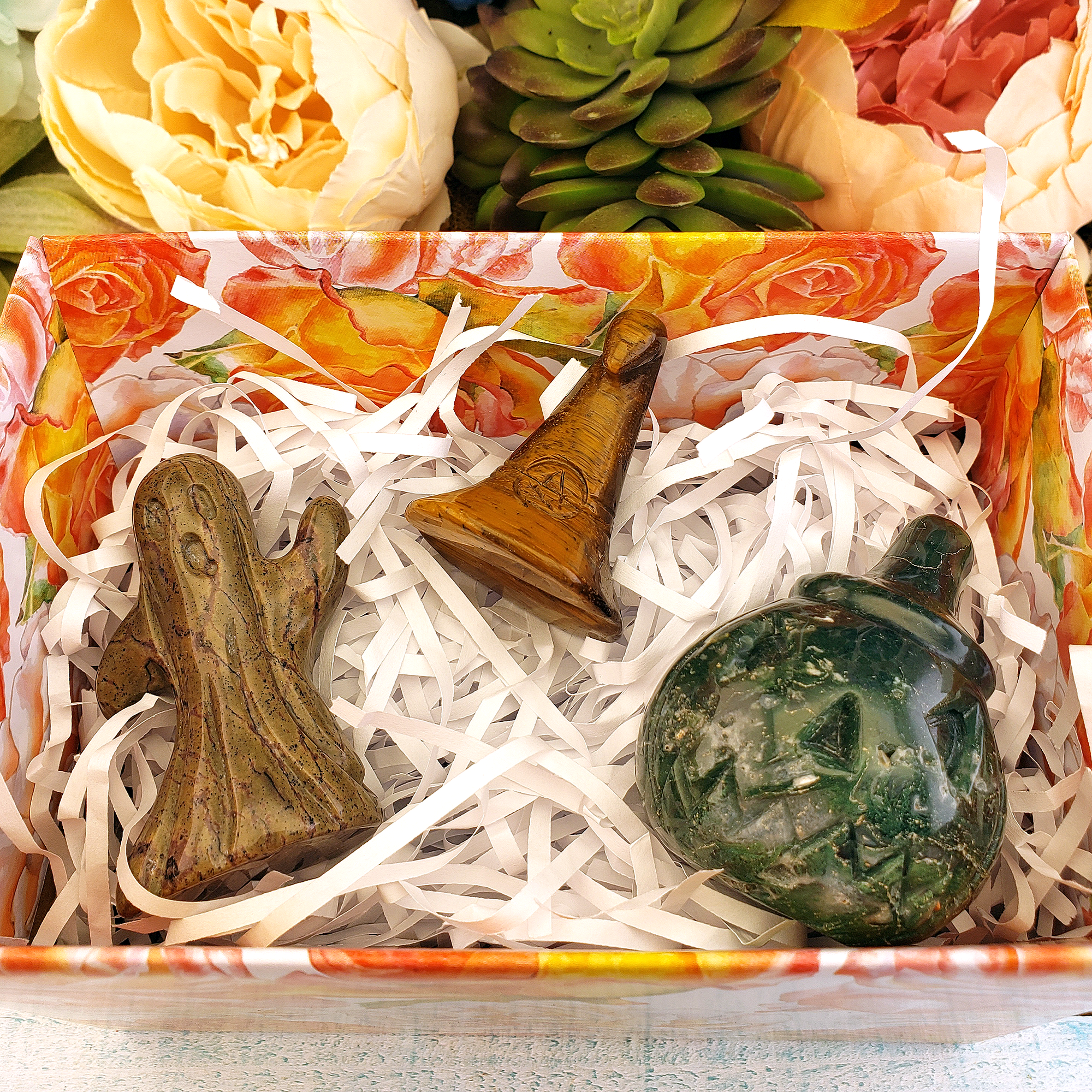 Happy Halloween Crystal Gift Box - Ghost, Pumpkin, &amp; Witch Hat - Moss Agate, Tigers Eye, Jasper