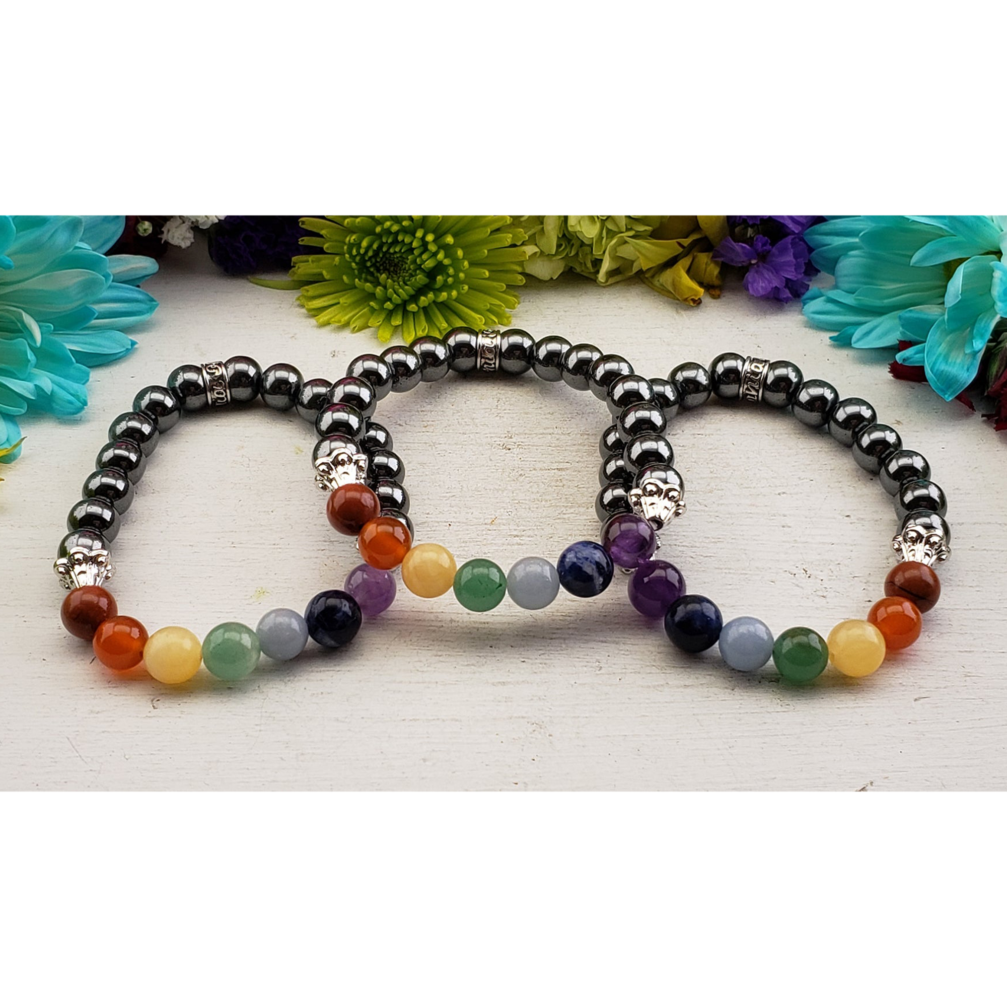 Hematite Crystal Rainbow Chakra Natural Gemstone 7-8mm Bead Bracelet - On Board