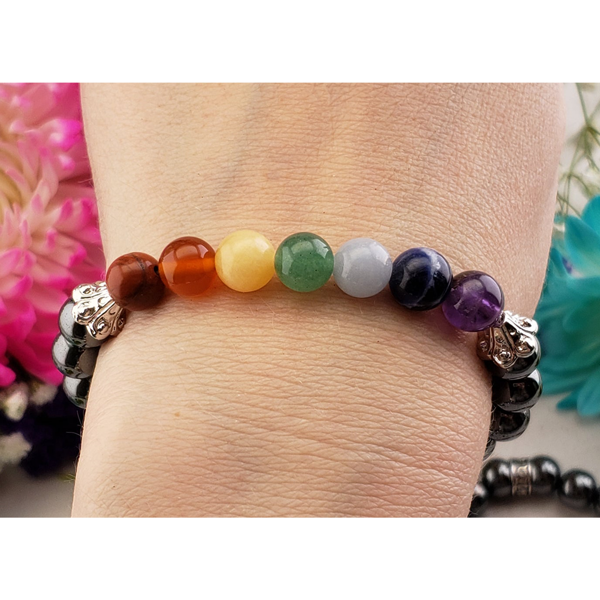 Hematite Crystal Rainbow Chakra Natural Gemstone 7-8mm Bead Bracelet - Close Up