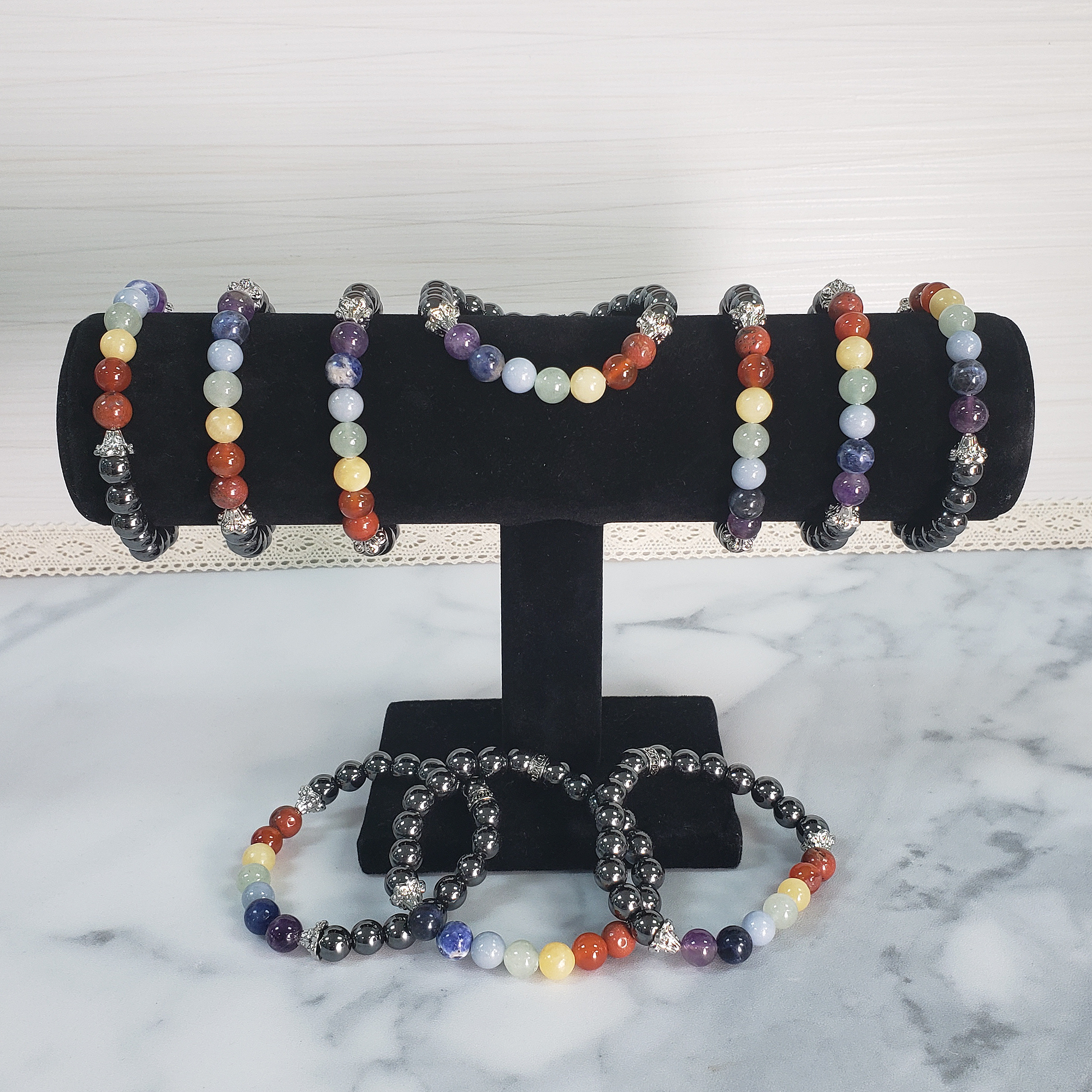 Hematite Crystal Rainbow Chakra Natural Gemstone 7-8mm Bead Bracelet