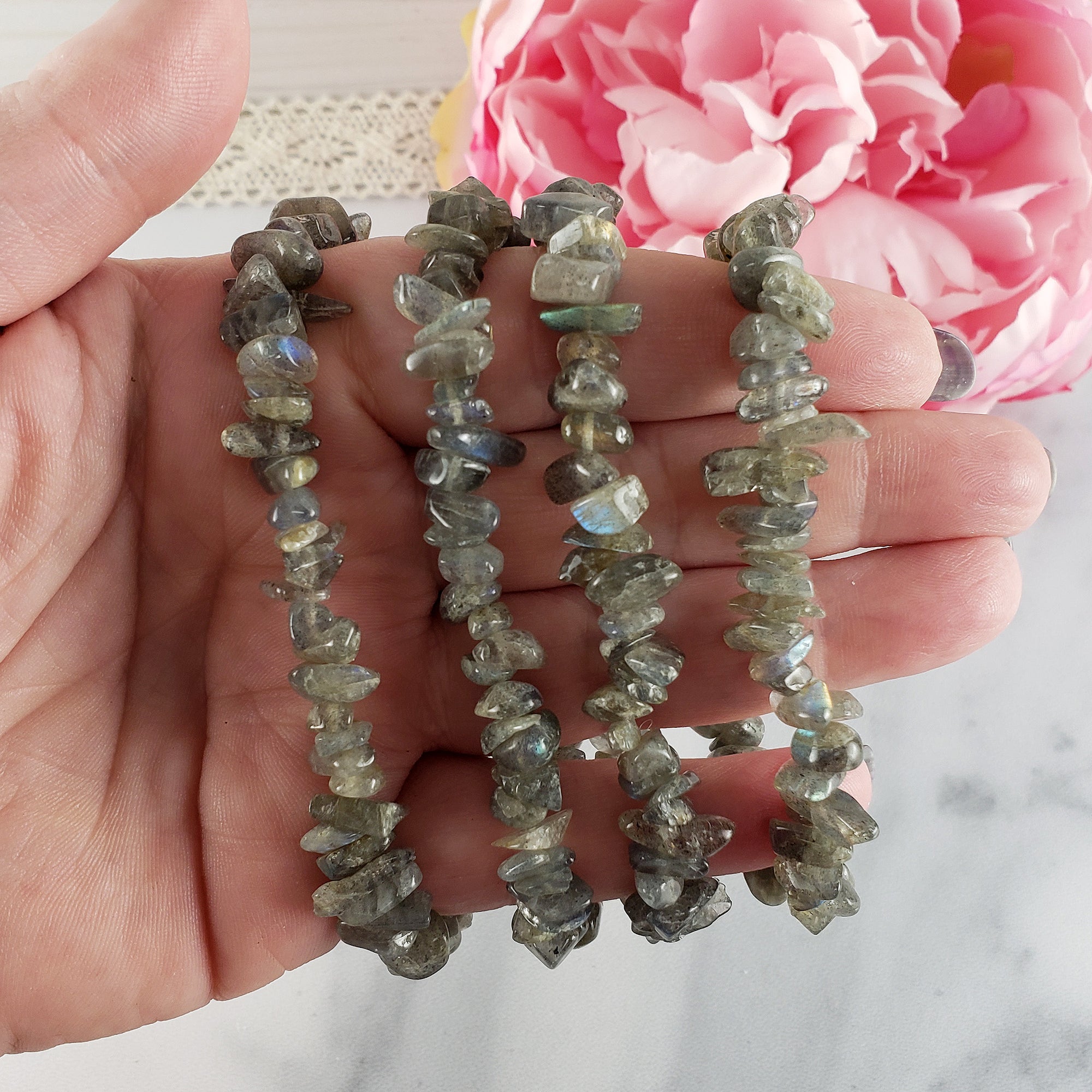 Labradorite Crystal Natural Gemstone Chip Bracelet | Throat, Third Eye, &amp; Crown Chakra Bracelets