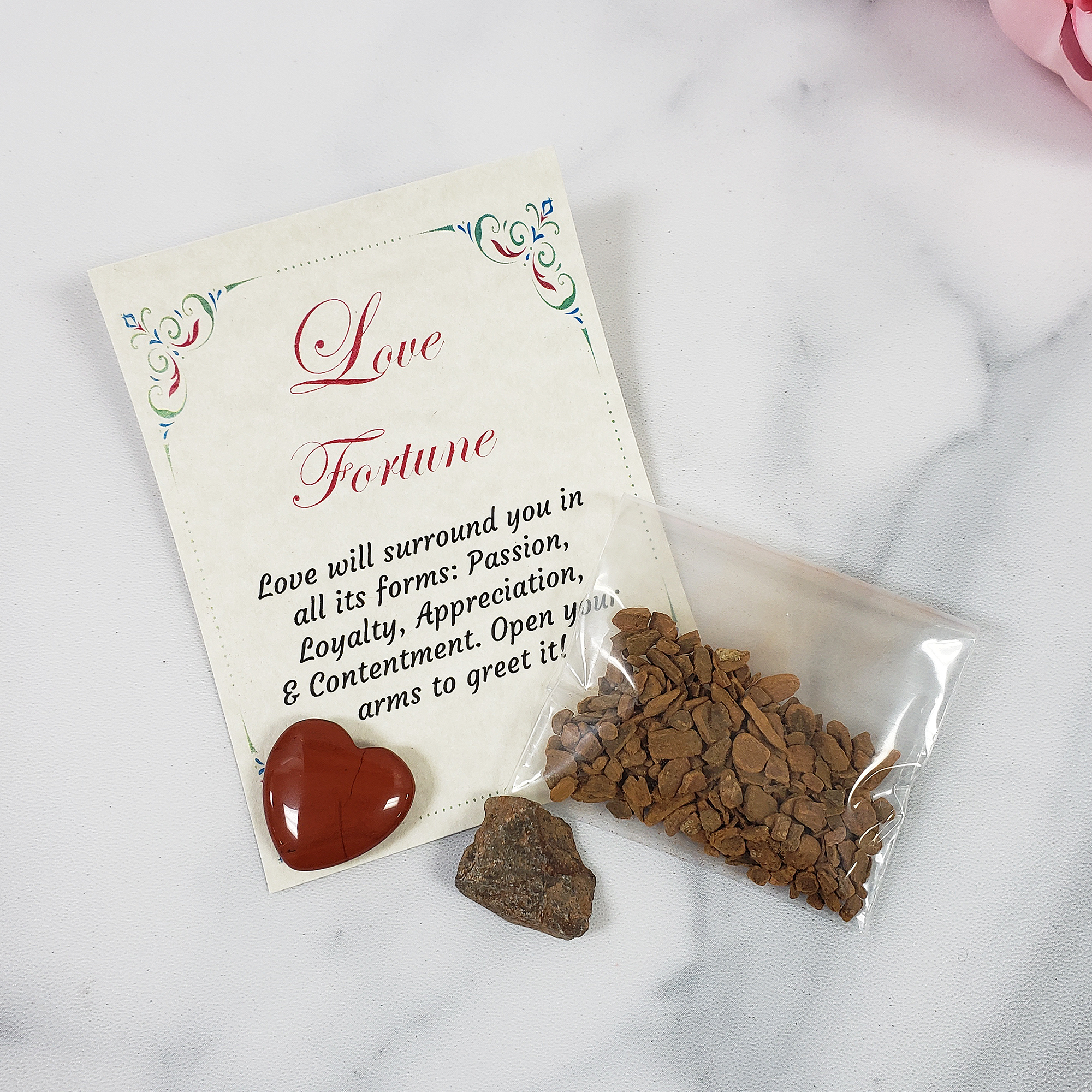 Love Fortune Treat Bag | Mystery Treat Blind Bag with Mini Heart, Cinnamon, & Raw Ruby Corundum