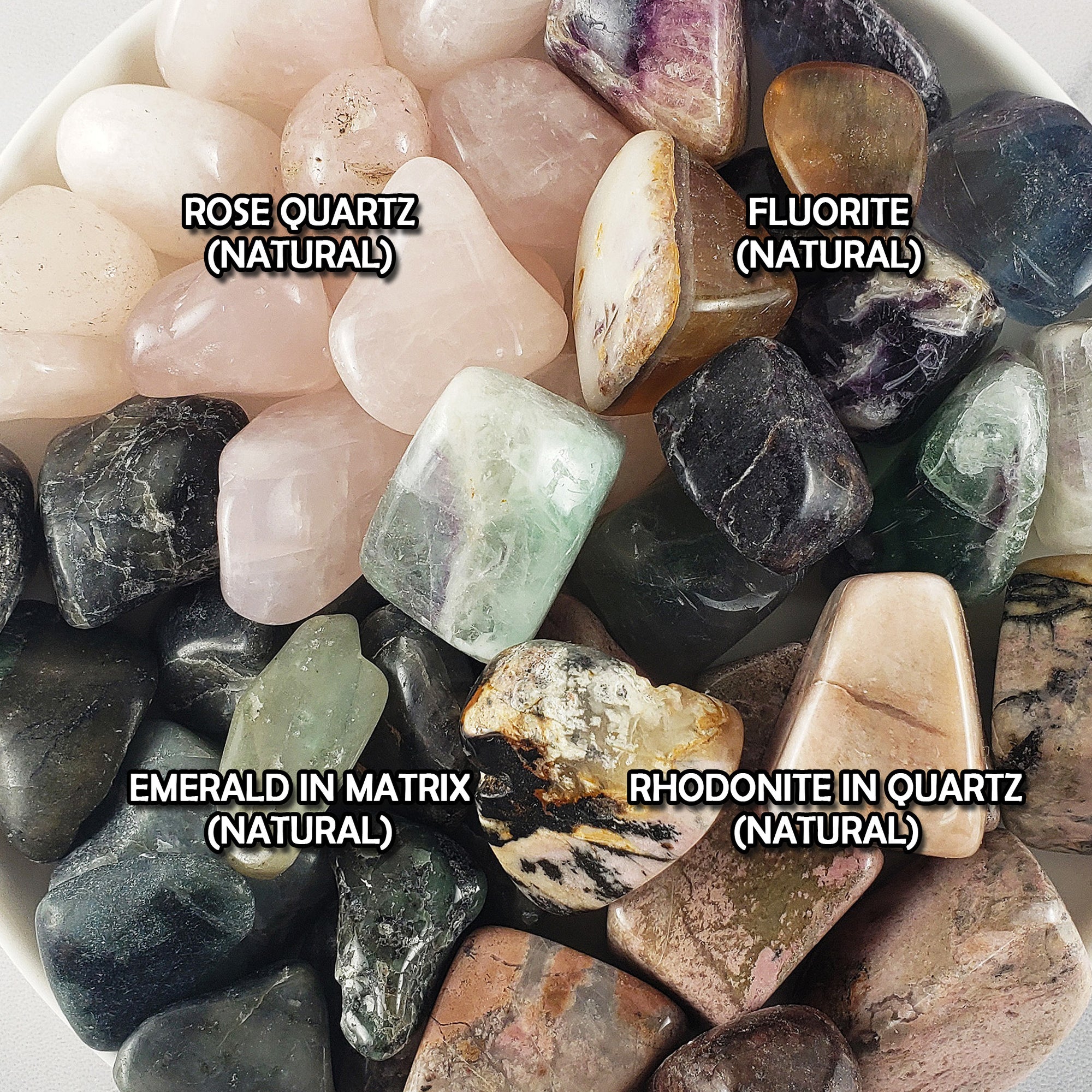 Tumbled Stones Natural Crystal Set for Love & Relationships | Rose Quartz, Fluorite, Emerald in Matrix, Rhodonite - 2