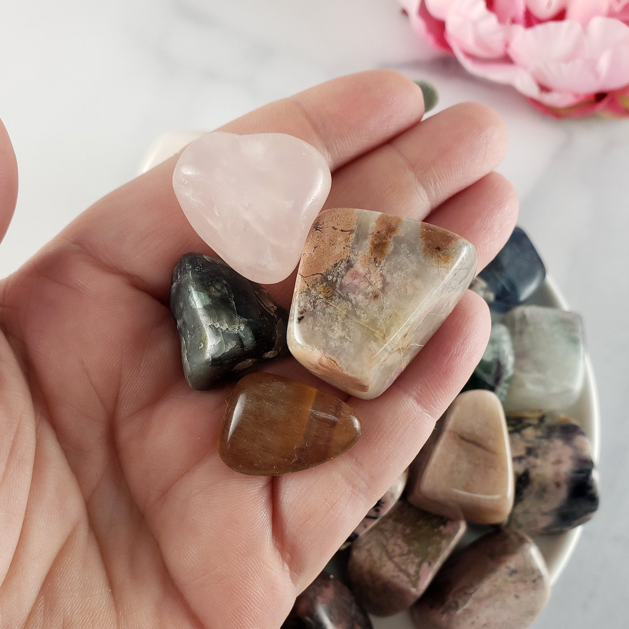 Tumbled Stones Natural Crystal Set for Love & Relationships | Rose Quartz, Fluorite, Emerald in Matrix, Rhodonite - 1