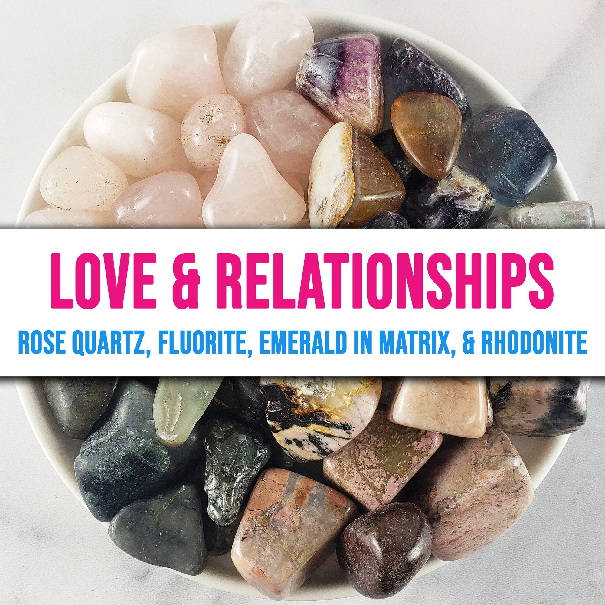 Tumbled Stones Natural Crystal Set for Love & Relationships | Rose Quartz, Fluorite, Emerald in Matrix, Rhodonite