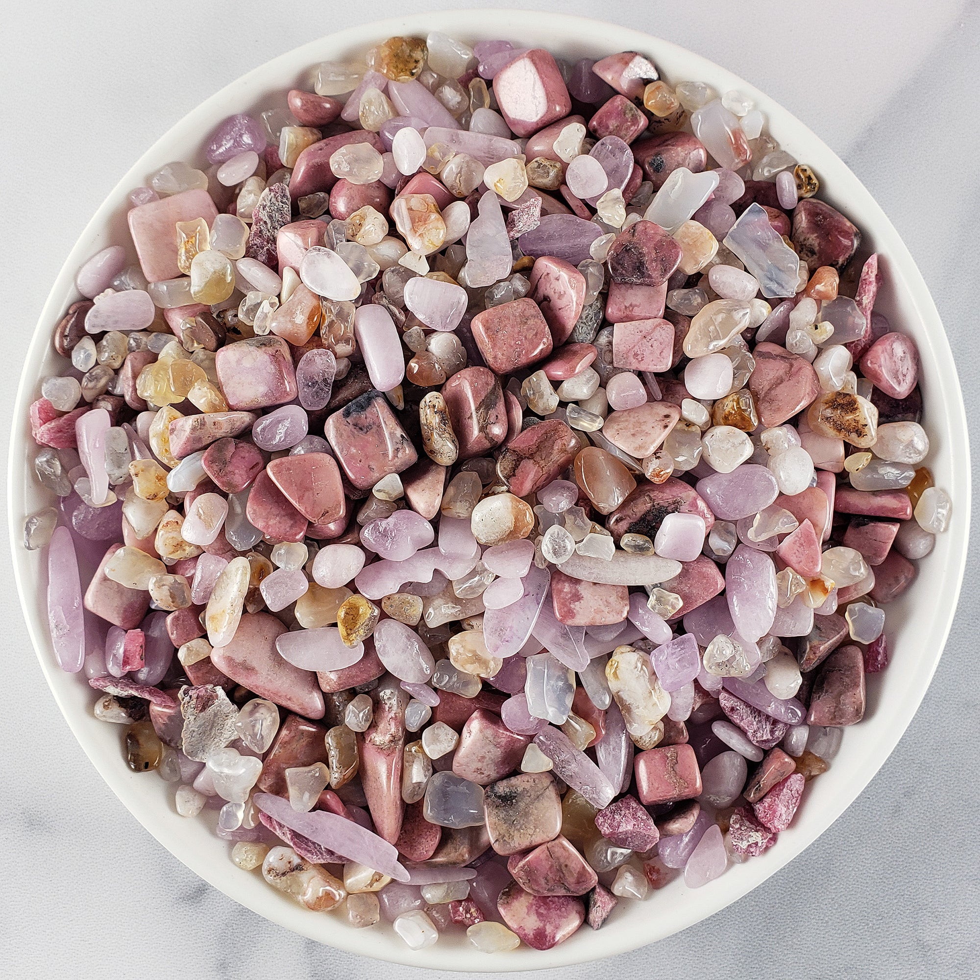 Love Story Natural Crystal Confetti Chips Mix By the Ounce | Purple Kunzite, Rhodonite, & Cherry Blossom Flower Agate