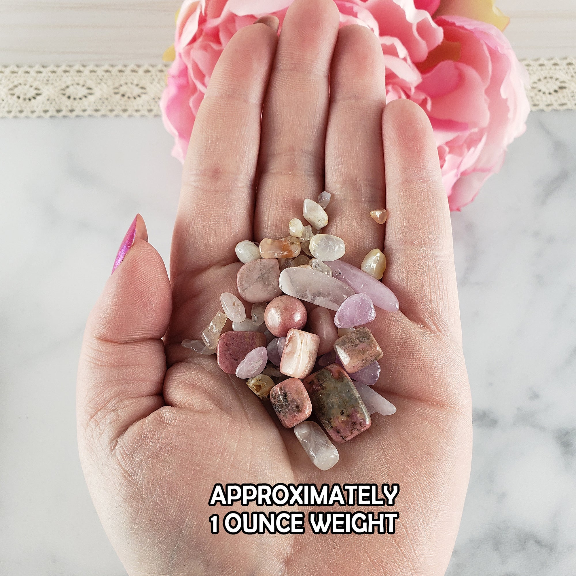 Love Story Natural Crystal Confetti Chips Mix By the Ounce | Kunzite, Pink Rhodonite, & Cherry Blossom Flower Agate