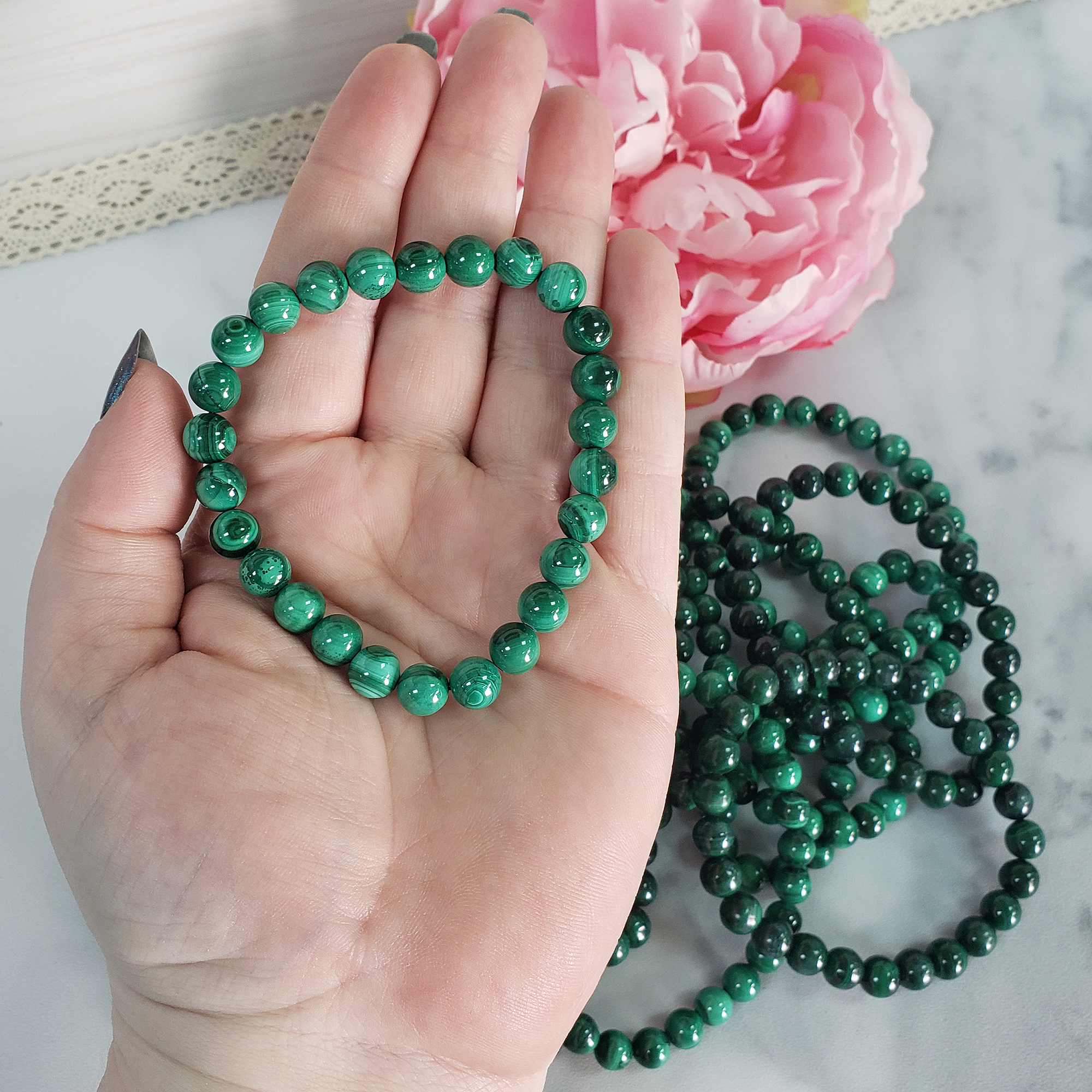 Green Malachite Stone Natural Crystal 7-8mm Beaded Bracelet - 9