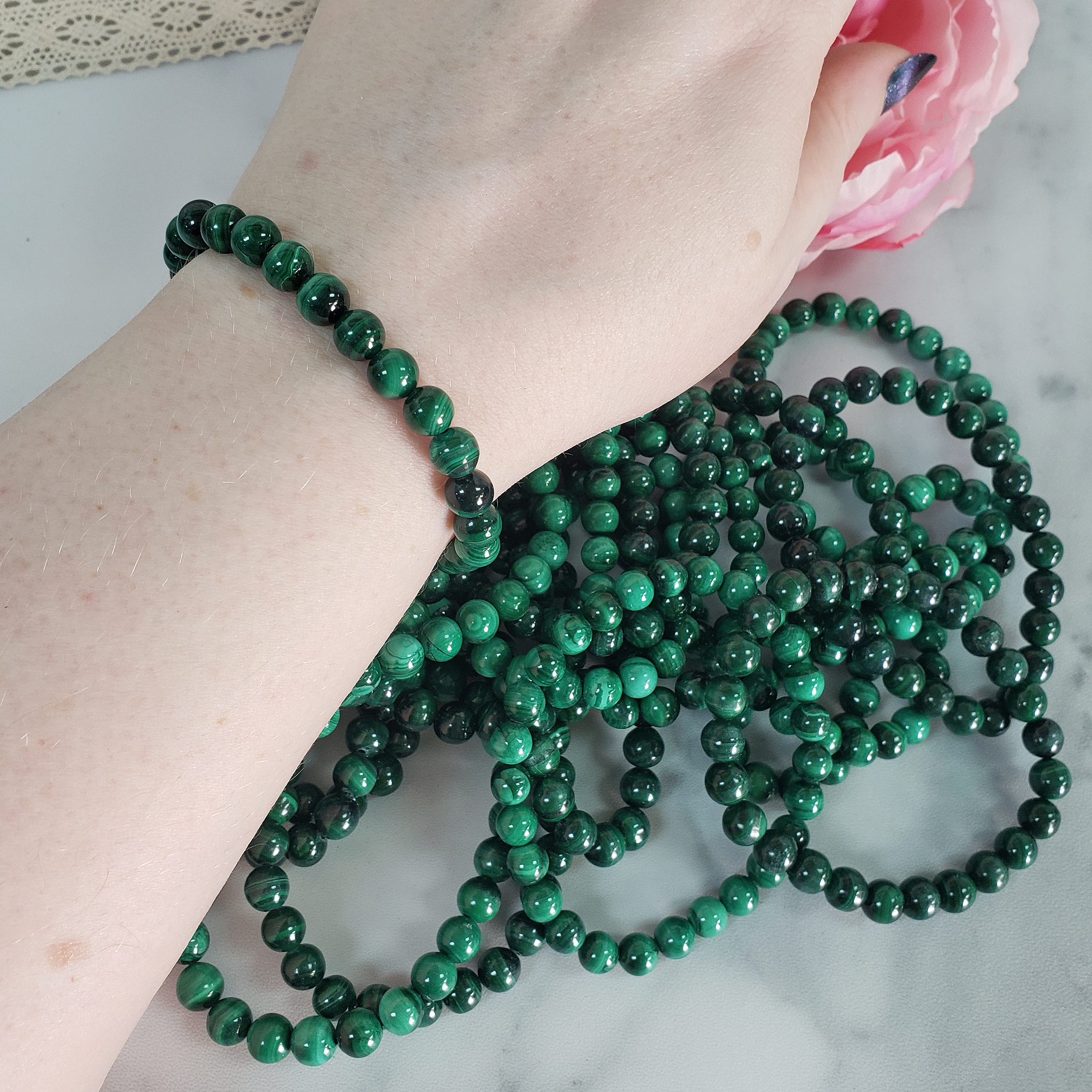 Green Malachite Stone Natural Crystal 7-8mm Beaded Bracelet - 10