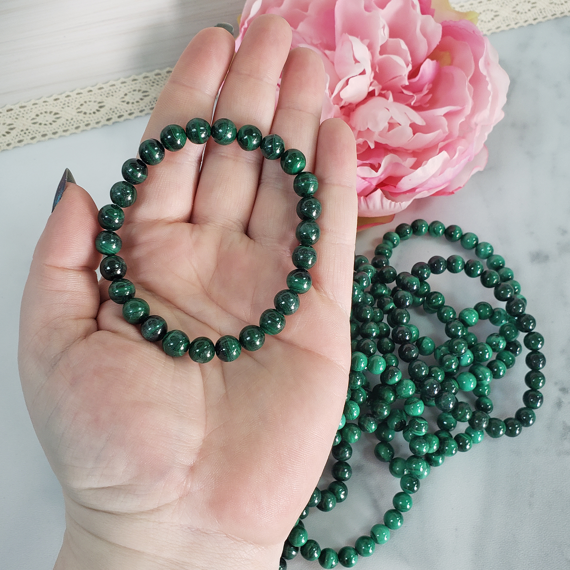 Green Malachite Stone Natural Crystal 7-8mm Beaded Bracelet - 8