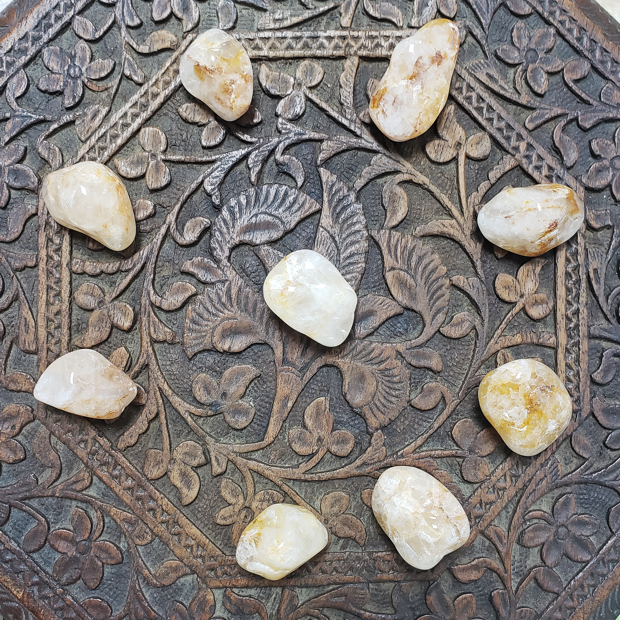 Golden Healer Hematoid Quartz Crystal Natural Tumbled Stone | MEDIUM - On Engraved Wood