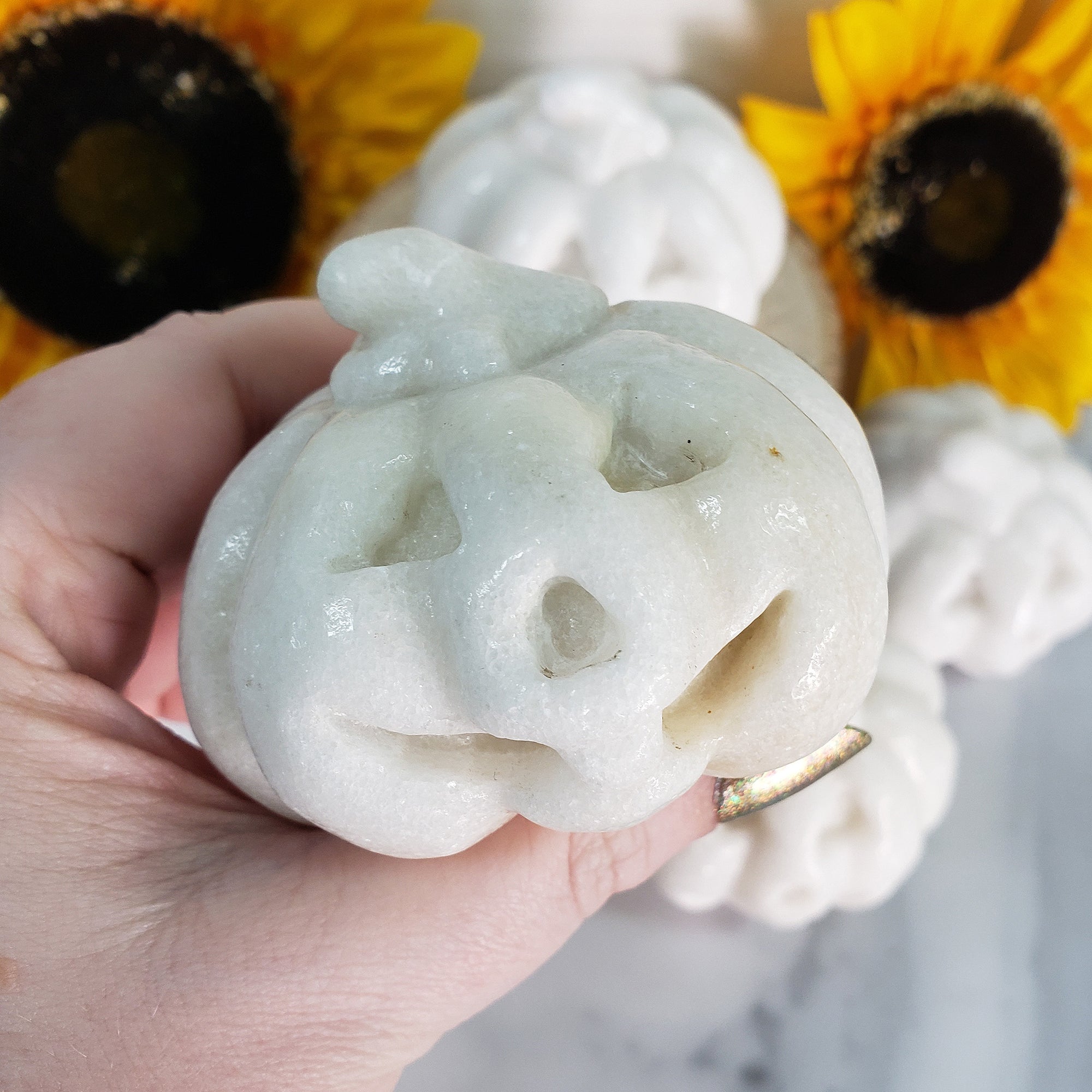 Milky Quartz Crystal Carving Natural Gemstone Jack-O-Lantern | Calming Pumpkin - Thanksgiving Decor