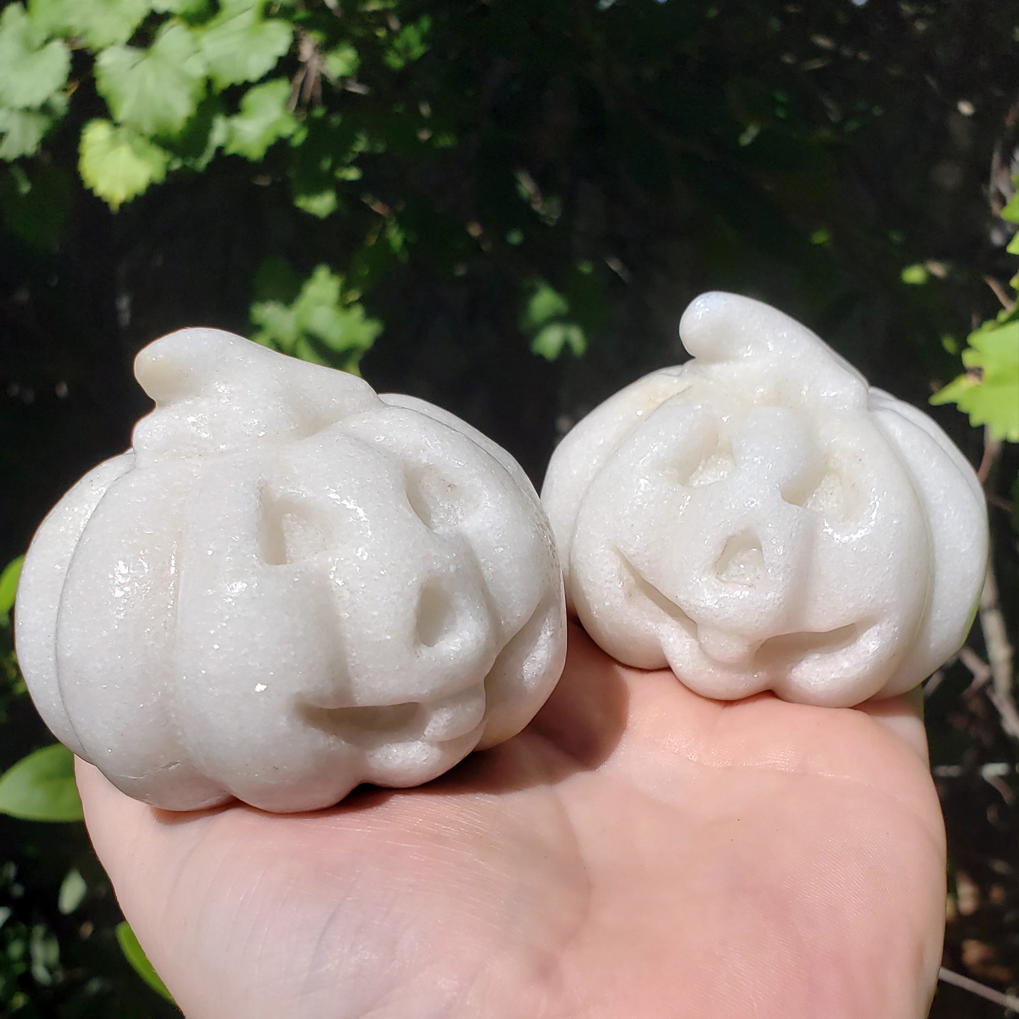 Milky Quartz Crystal Carving Natural Gemstone Jack-O-Lantern | Calming Pumpkin - Samhain Decor
