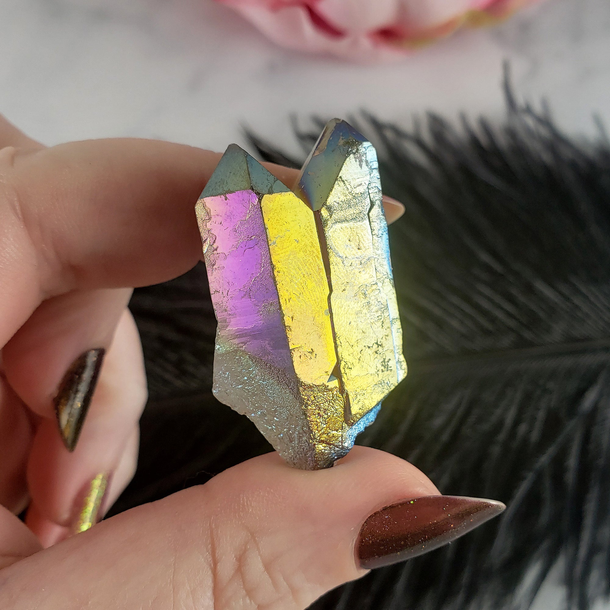 Unique Titanium Rainbow Aura Quartz Crystal Treated Gemstone | Mirai