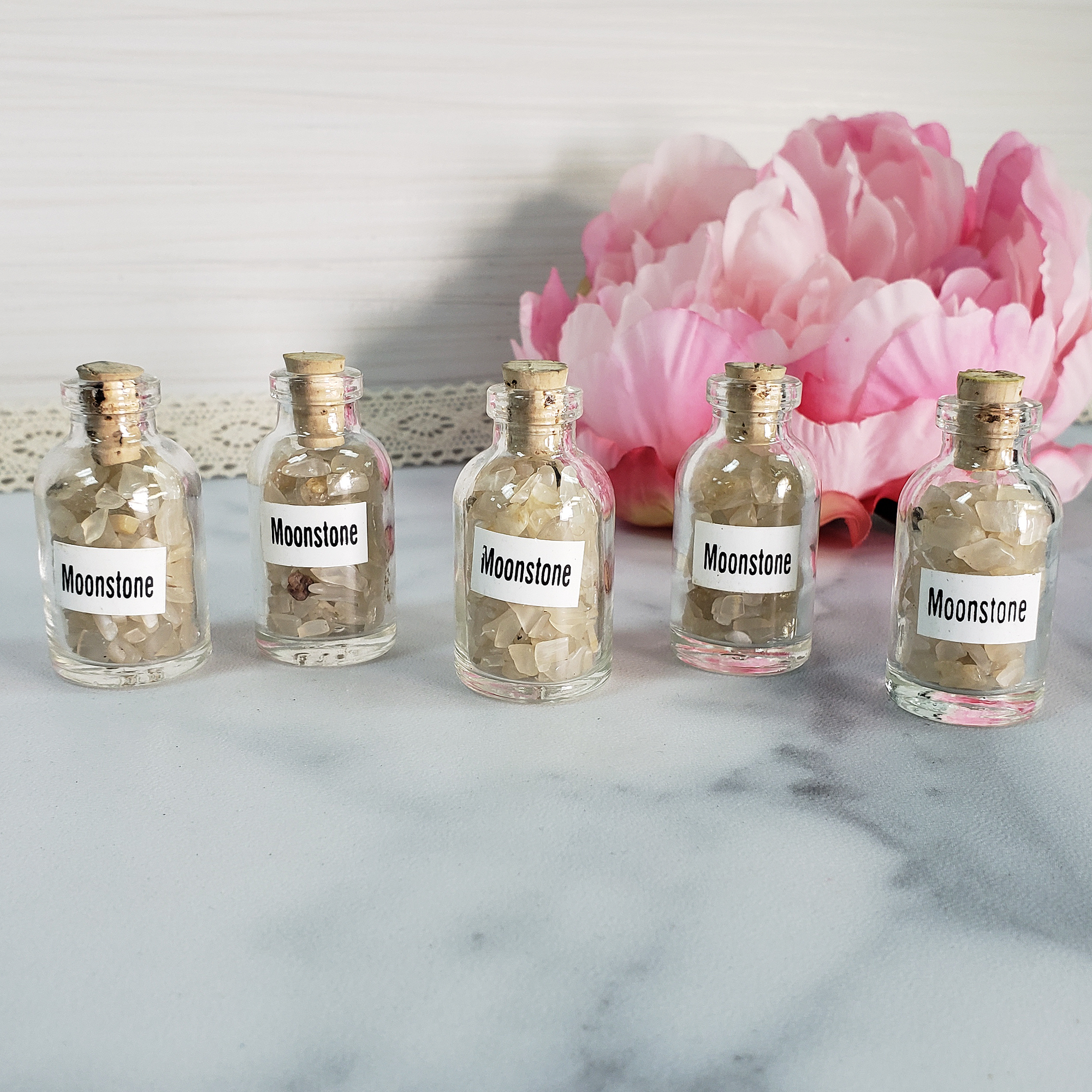 Moonstone Crystal Natural Gemstone Chips in Glass Bottle