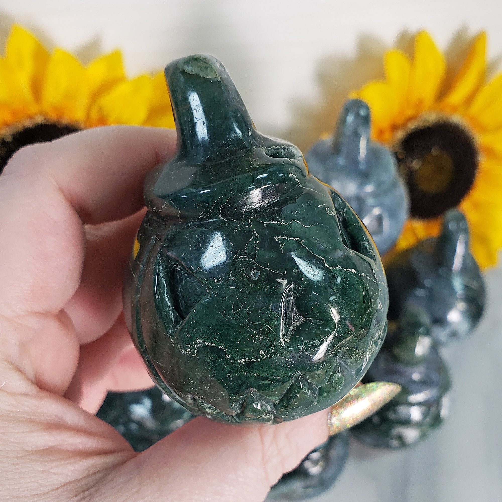 Moss Agate Crystal Carving Natural Gemstone Jack-O-Lantern | Prosperous Pumpkin - 8