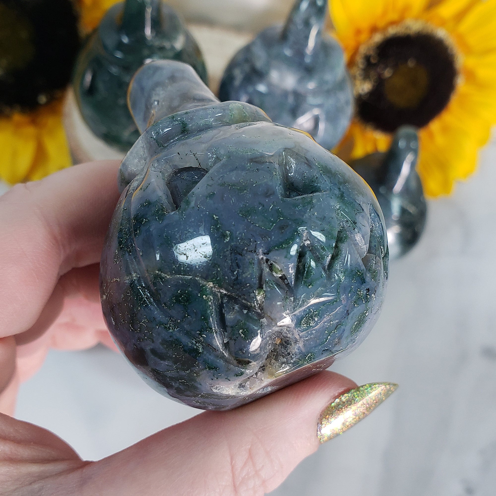Moss Agate Crystal Carving Natural Gemstone Jack-O-Lantern | Prosperous Pumpkin - 4