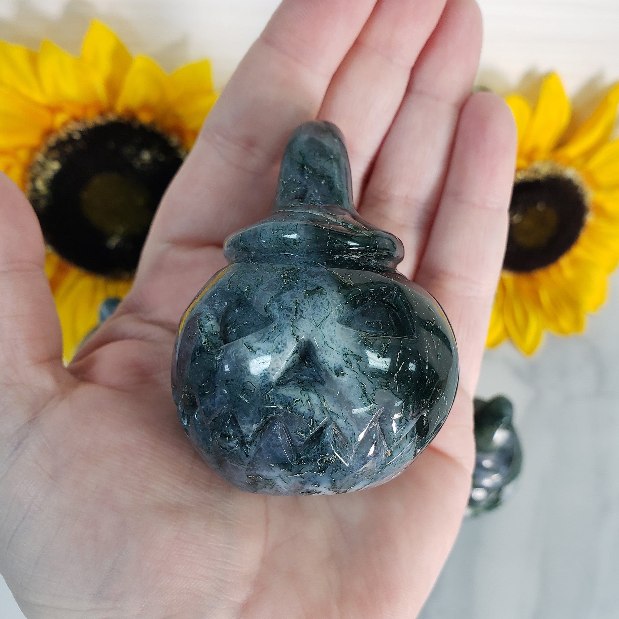 Moss Agate Crystal Carving Natural Gemstone Jack-O-Lantern | Prosperous Pumpkin - 5