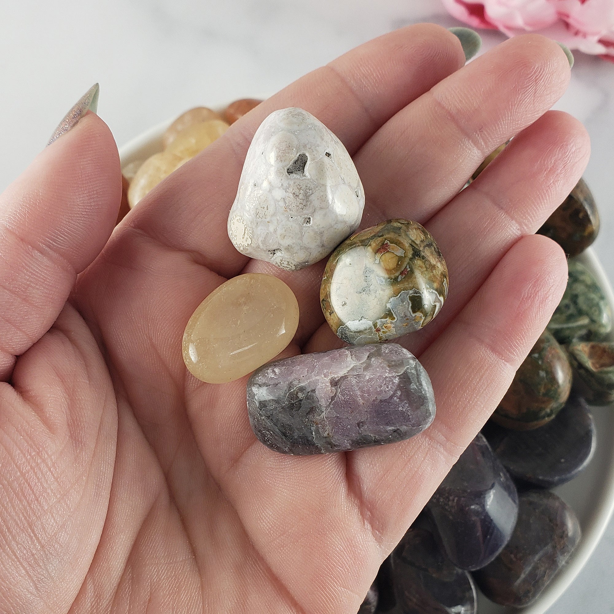 Tumbled Stones Natural Crystal Set for Motivation & Success | Gold Quartz, Rhyolite, King Cobra Jasper, Ruby - 1