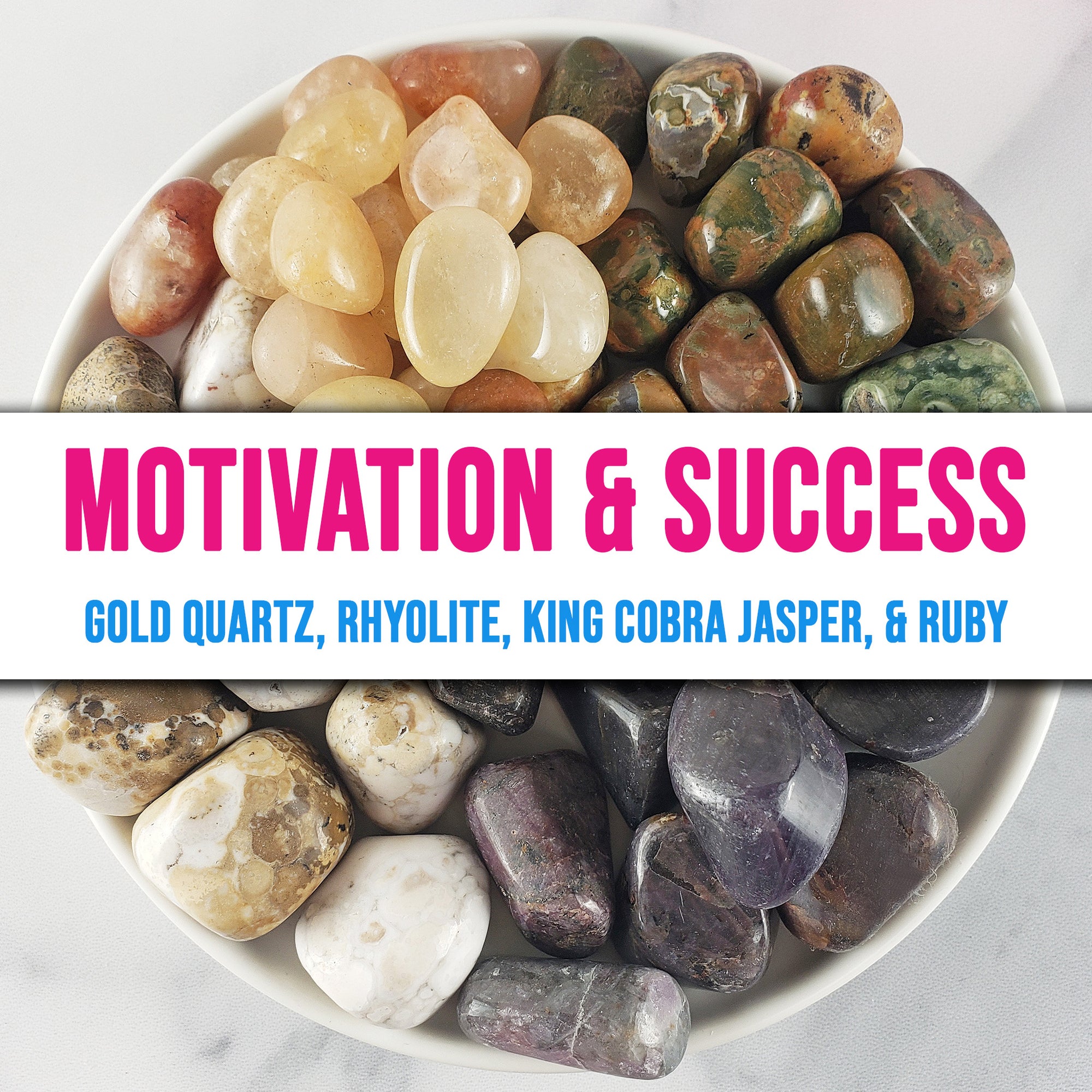 Tumbled Stones Natural Crystal Set for Motivation & Success | Gold Quartz, Rhyolite, King Cobra Jasper, Ruby