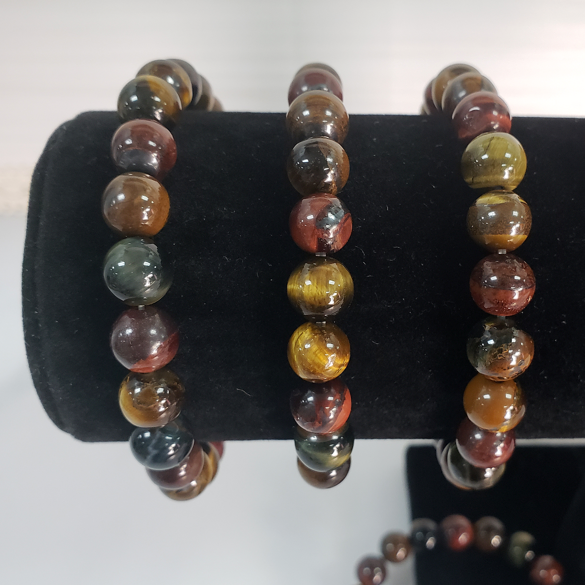 Multi Tigers Eye Crystal Natural Gemstone 7-8mm Bead Bracelet - On Form 2