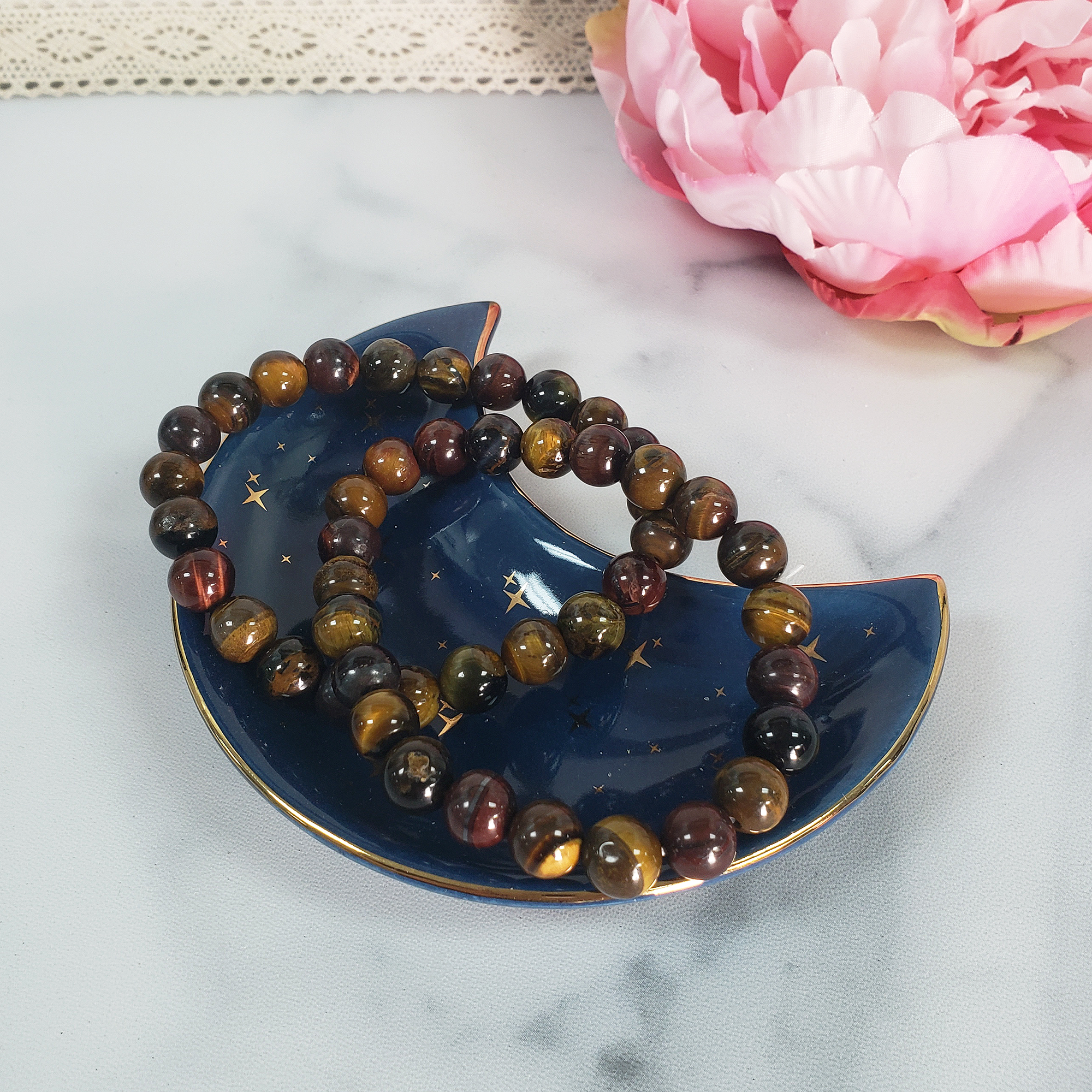 Multi Tigers Eye Crystal Natural Gemstone 7-8mm Bead Bracelet - In Jewelry Dish