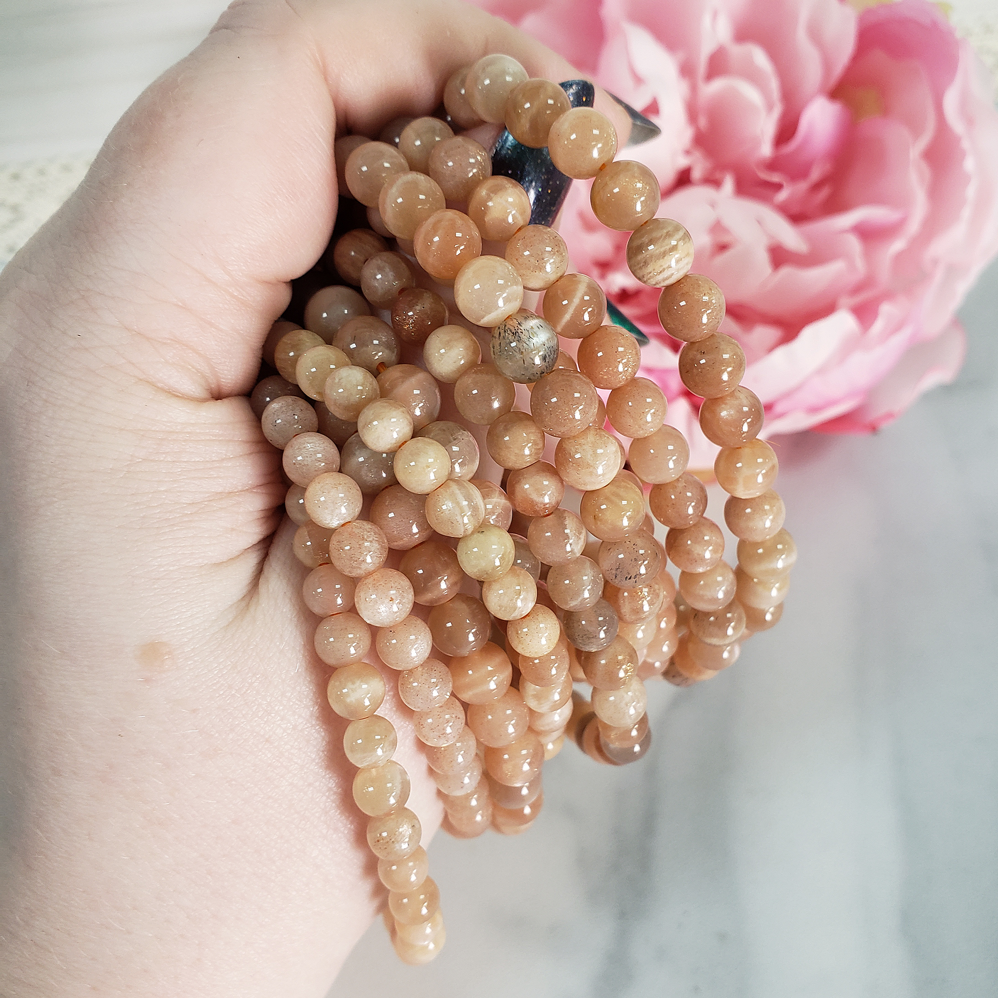 Peach Moonstone Crystal Natural Gemstone 4-6mm Beaded Bracelet - 7