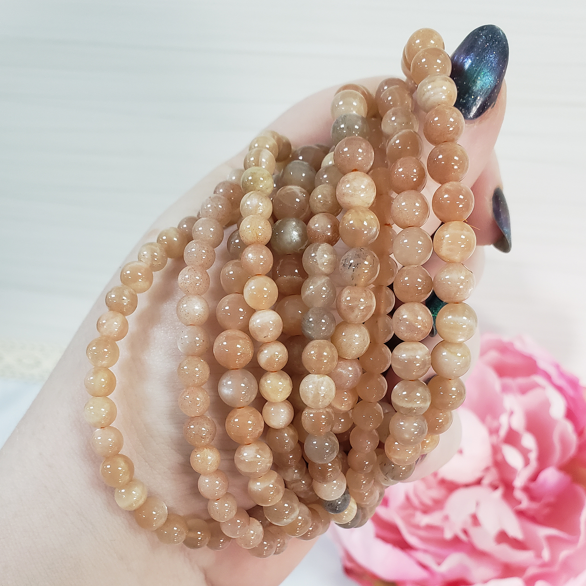 Peach Moonstone Crystal Natural Gemstone 4-6mm Beaded Bracelet - 1