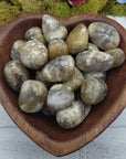 moss agate with petrified wood crystals in wooden heart-shaped bowl 