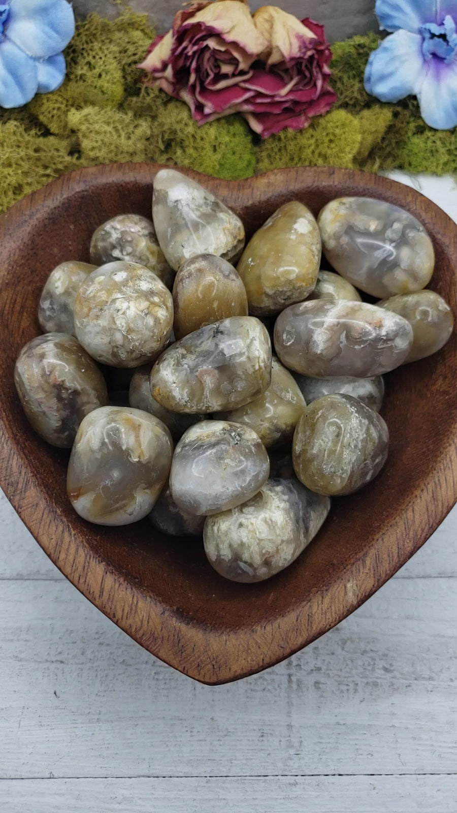 moss agate with petrified wood crystals in wooden heart-shaped bowl 