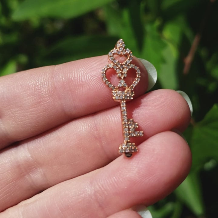 Crowned Key 10k Rose Gold White Diamond Pendant