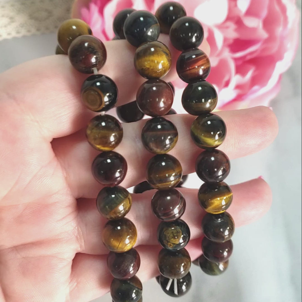 Multi Tigers Eye Crystal Natural Gemstone 10mm Bead Bracelet - Video