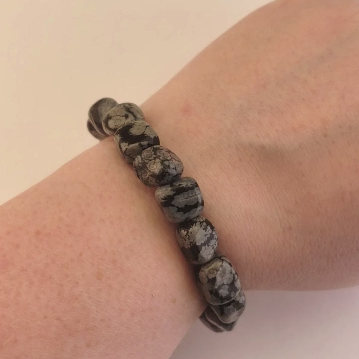 Snowflake Obsidian Gemstone Nugget Polished Bracelet - Video