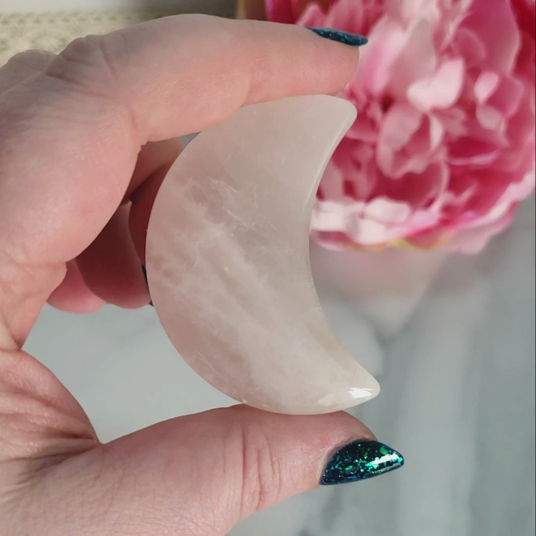 Unique Rose Quartz Crystal Crescent Moon Carving - Selena - Video