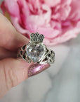 Unique White Topaz Crystal Natural Gemstone 925 Sterling Silver Claddagh Ring | Size 14 -5