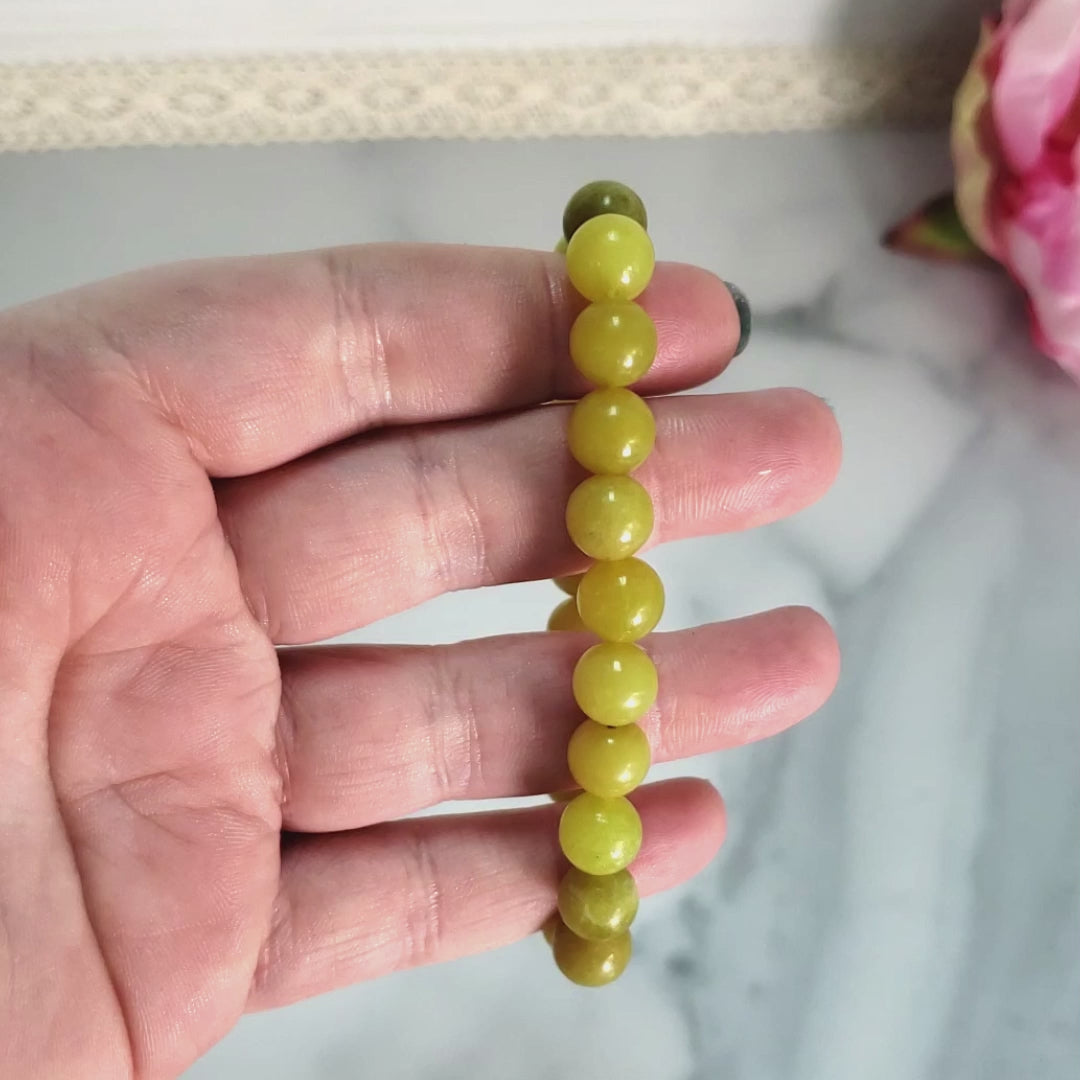 Yellow Serpentine Natural Crystal 7-8mm Bead Bracelet - Video