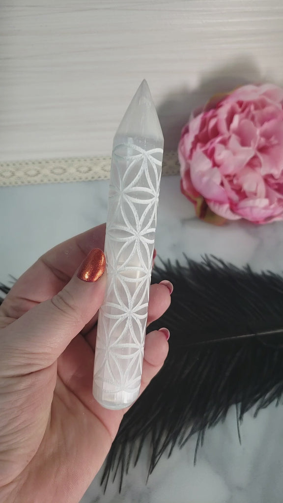 White Selenite Crystal Wand Natural Gemstone Charger | Sacred Geometry Flower of Life - 3