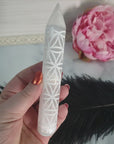 White Selenite Crystal Wand Natural Gemstone Charger | Sacred Geometry Flower of Life - 3