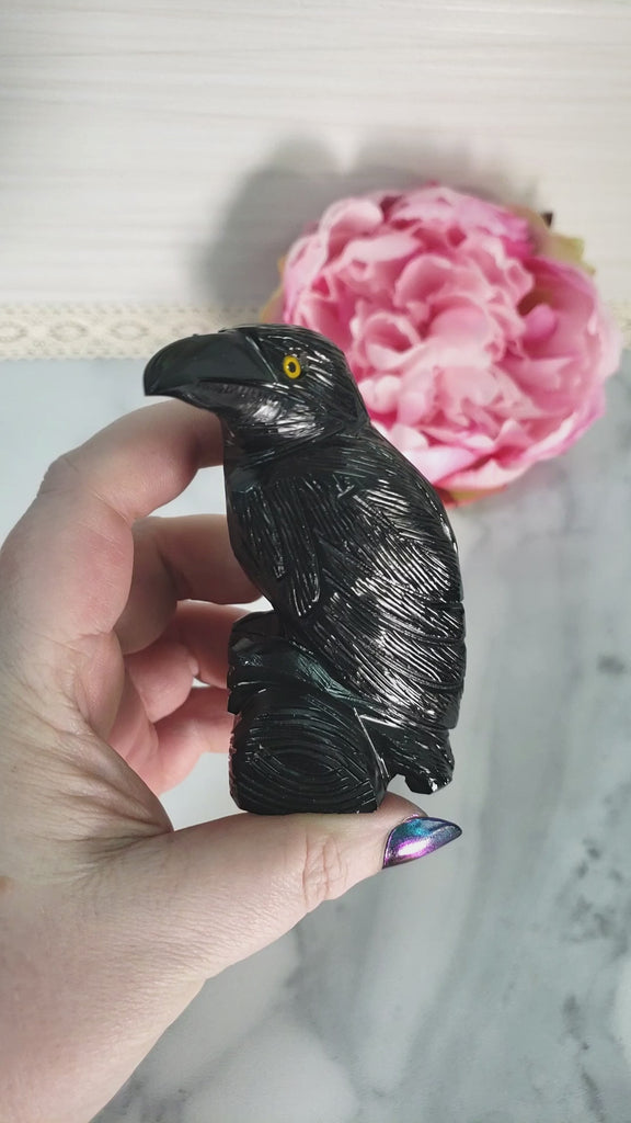 Black Onyx Crystal Raven Natural Gemstone Animal Totem Carving - 8