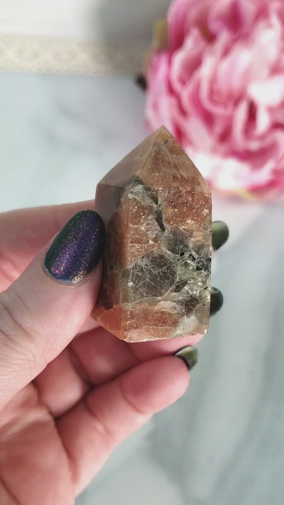 Unique Small Confetti Sunstone with Black Tourmaline Natural Crystal Tower Point - Libtakan - Video