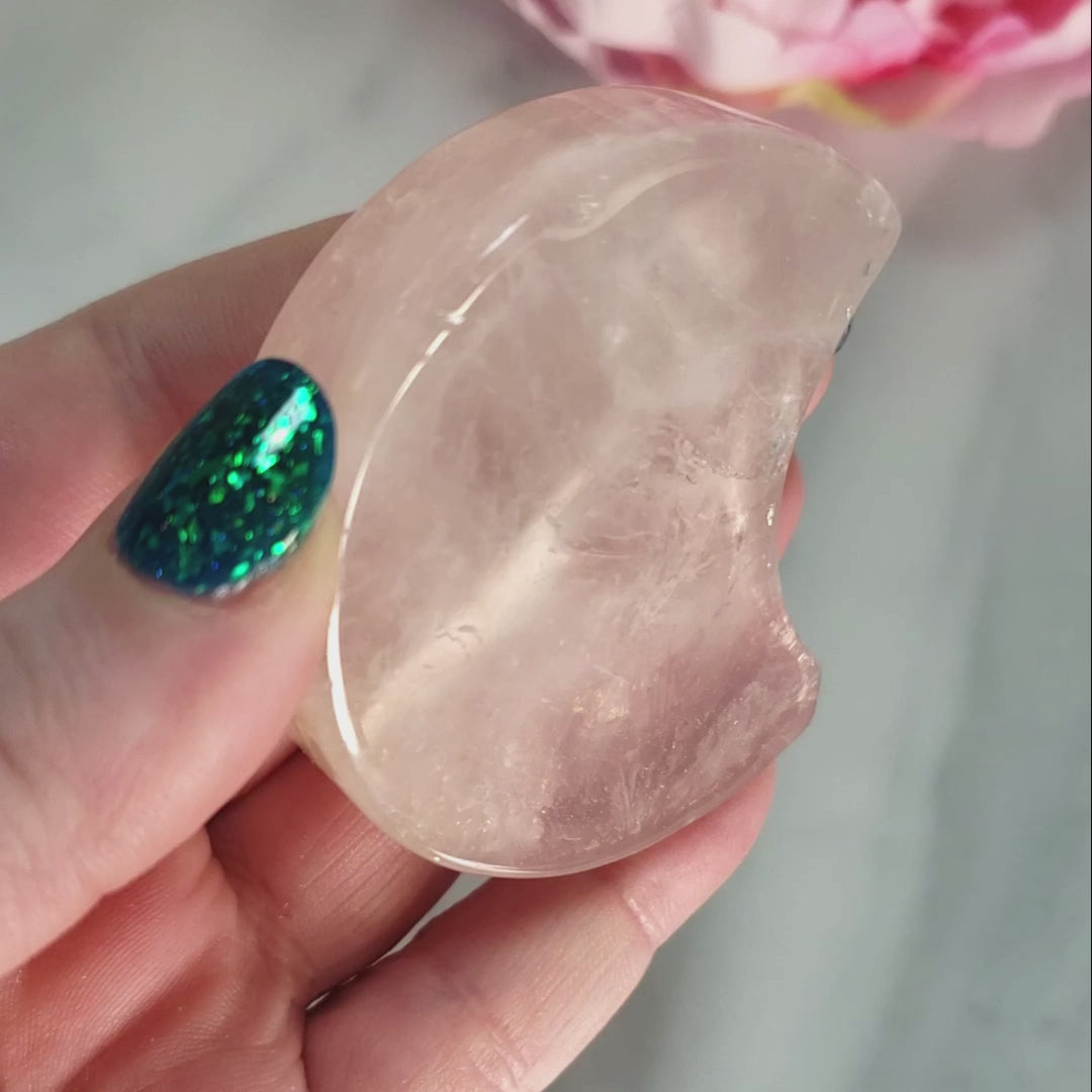 Unique Rose Quartz Crystal Crescent Moon Carving - Serenity - Video
