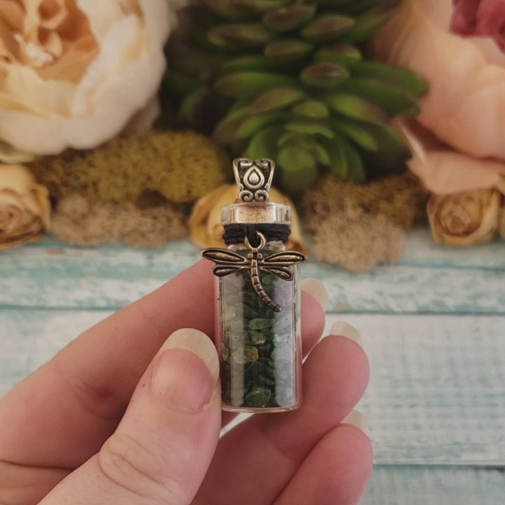 Green Aventurine Dragonfly Charm Bottle Pendant Necklace - Dragonfly Jewelry Video