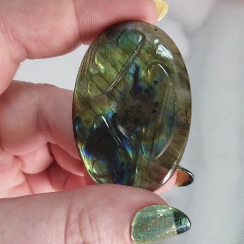 Unique 70 Carat Labradorite Cabochon Natural Gemstone Carving - Clouds - Video