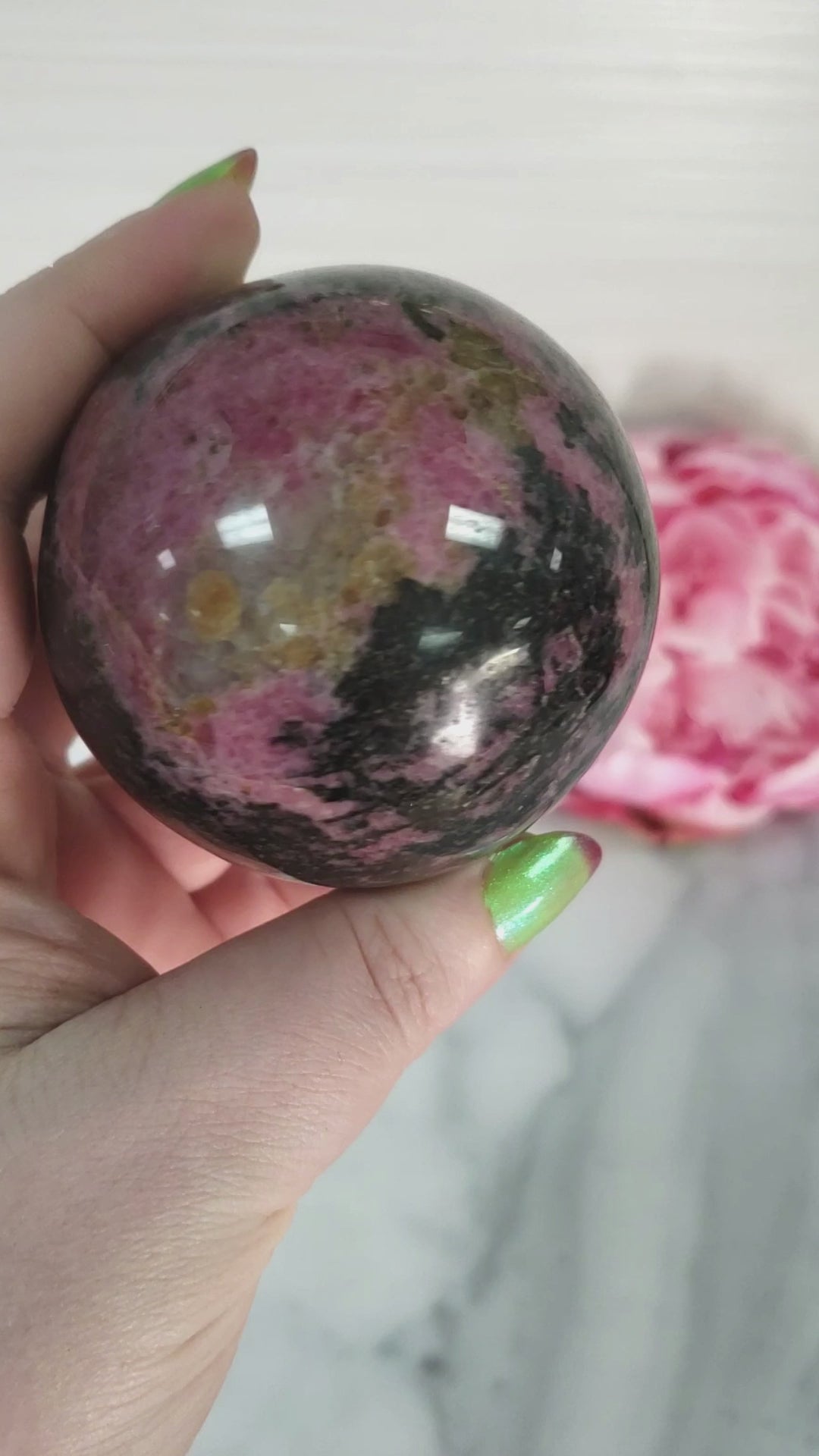 Unique Rhodonite Crystal Sphere Natural Gemstone Orb | 62mm | Mercy - Video